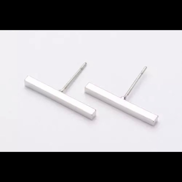 Silver Bar Minimalist Earrings - Picture 2 of 2